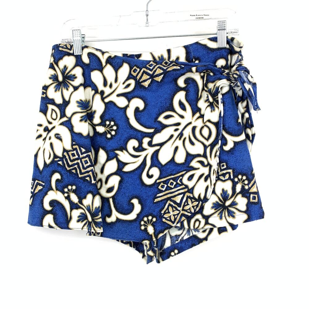Vintage Hawaiian Wrap Front Skort Womens Size 31" Blue White Floral Print